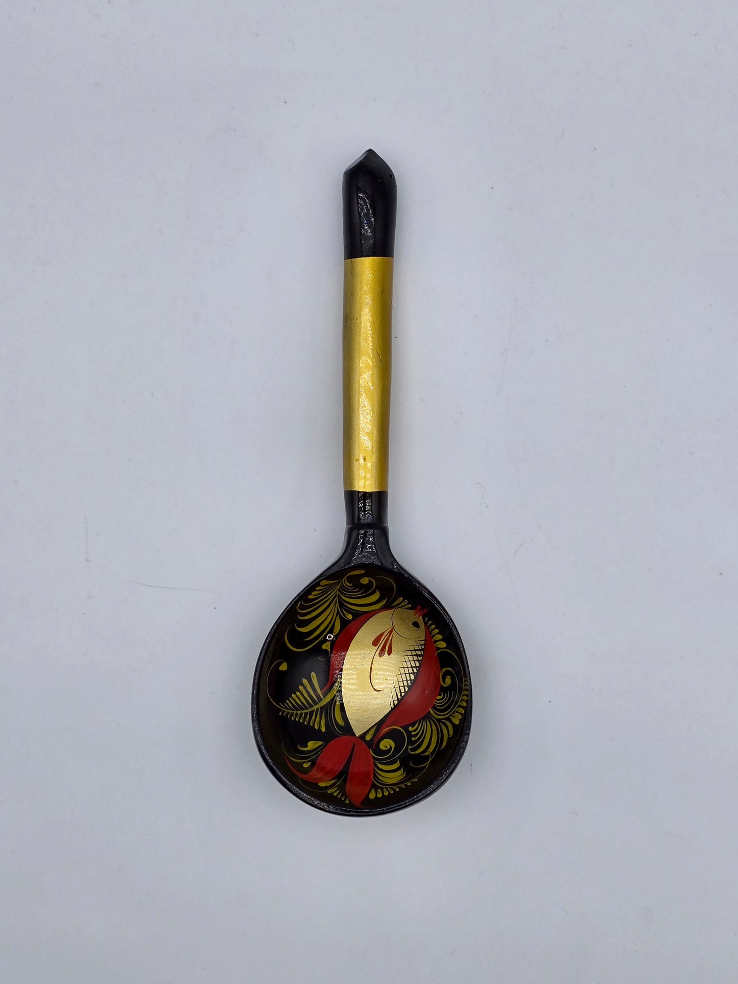 Vintage Russian Khokhloma Craft Painted Laquered Wood Ladle Spoon 7.3" Folk Art Fish Design
