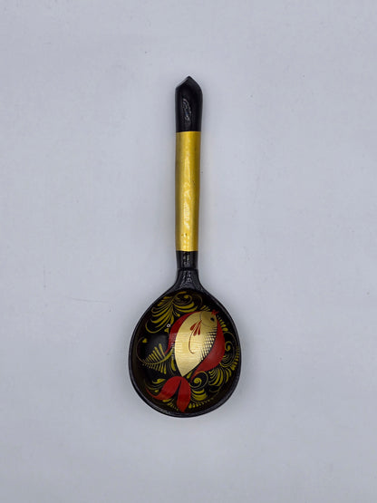 Vintage Russian Khokhloma Craft Painted Laquered Wood Ladle Spoon 7.3" Folk Art Fish Design