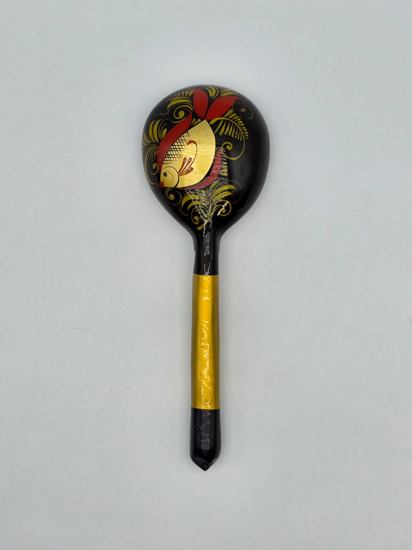 Vintage Russian Khokhloma Craft Painted Laquered Wood Ladle Spoon 7.3" Folk Art Fish Design