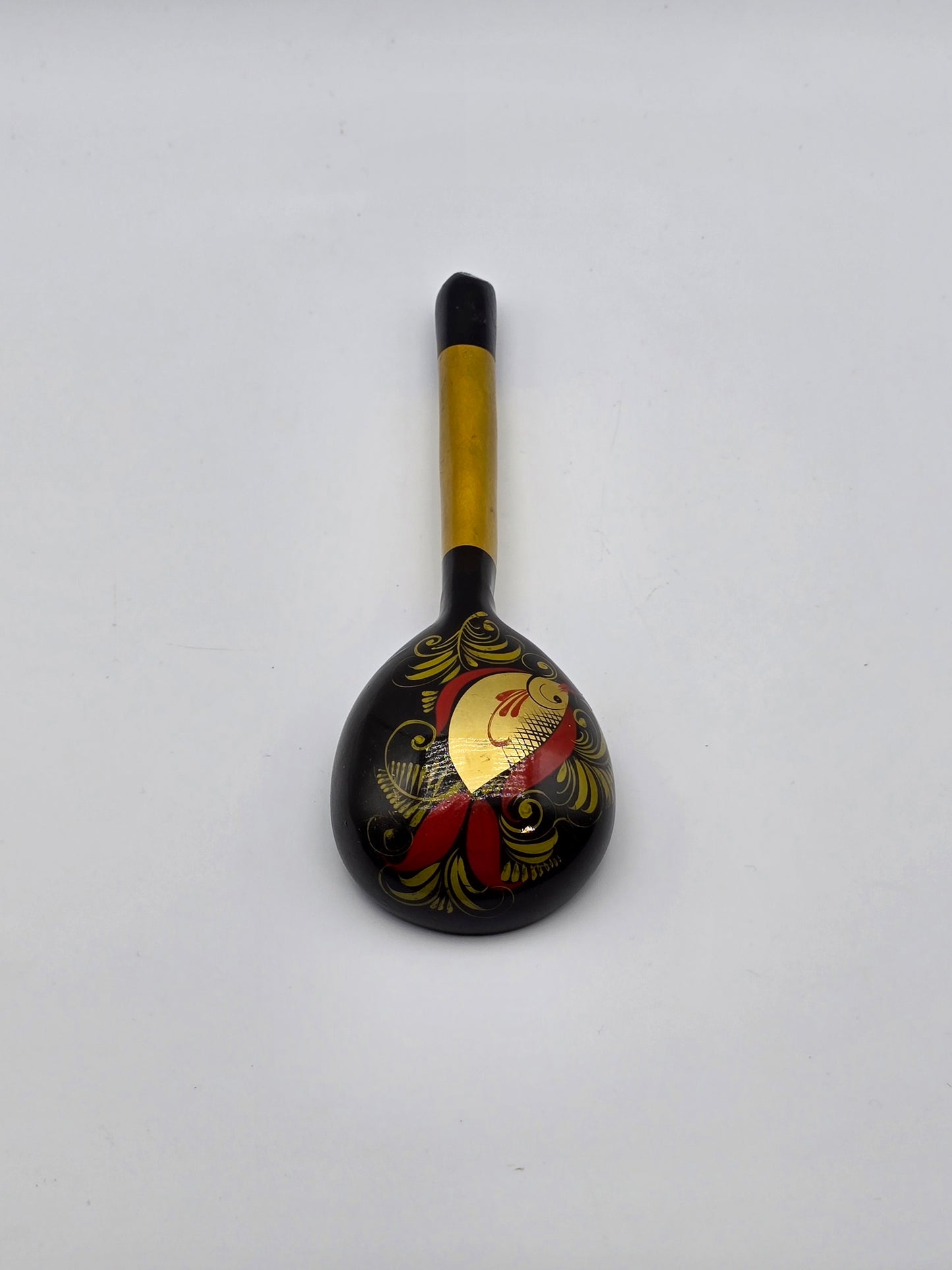 Vintage Russian Khokhloma Craft Painted Laquered Wood Ladle Spoon 7.3" Folk Art Fish Design