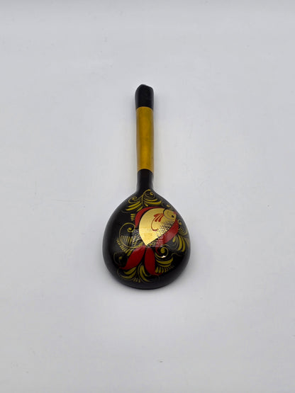 Vintage Russian Khokhloma Craft Painted Laquered Wood Ladle Spoon 7.3" Folk Art Fish Design