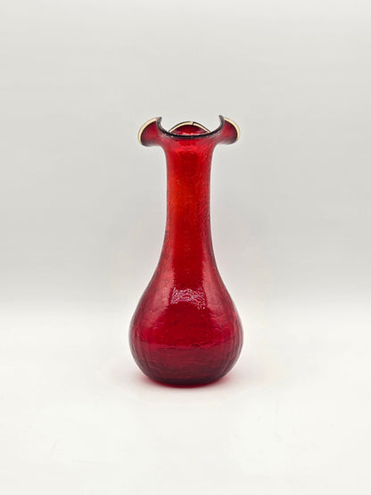 Vintage Ruby Red Rainbow Crackle Glass Vase 7.25” Ruffle Top