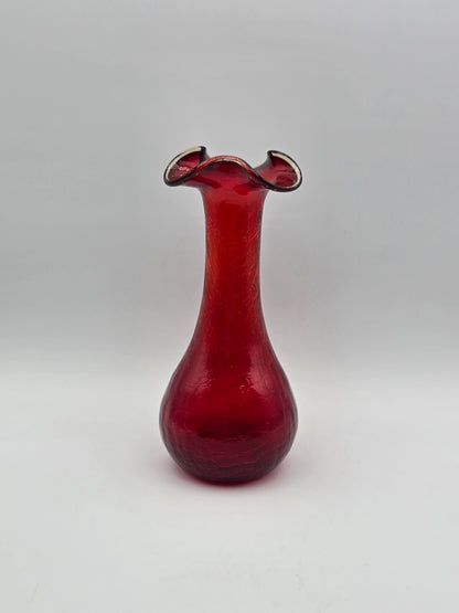Vintage Ruby Red Rainbow Crackle Glass Vase 7.25” Ruffle Top