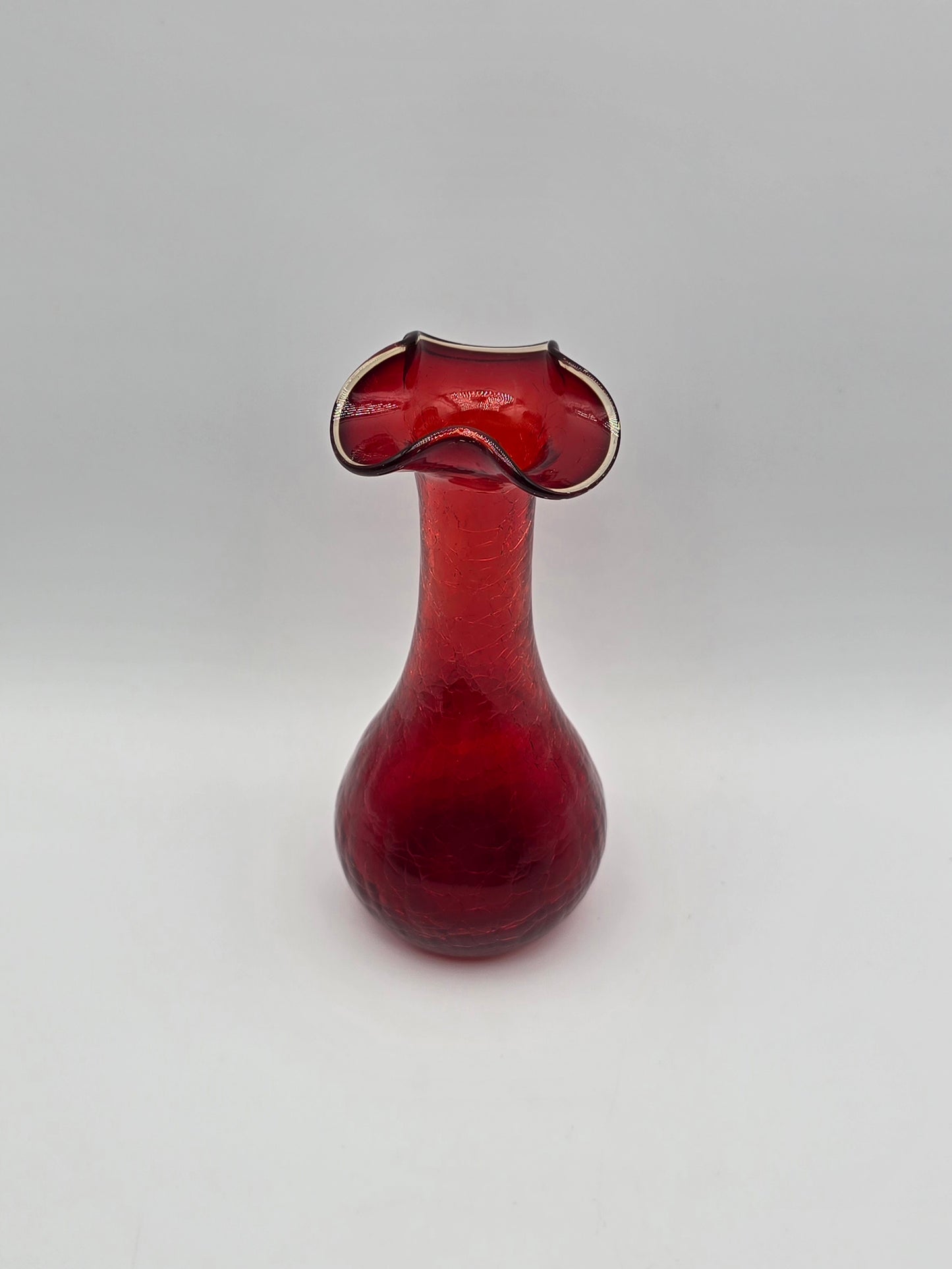 Vintage Ruby Red Rainbow Crackle Glass Vase 7.25” Ruffle Top