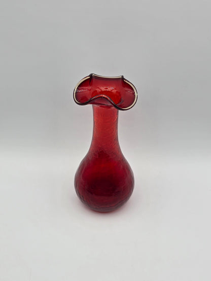 Vintage Ruby Red Rainbow Crackle Glass Vase 7.25” Ruffle Top