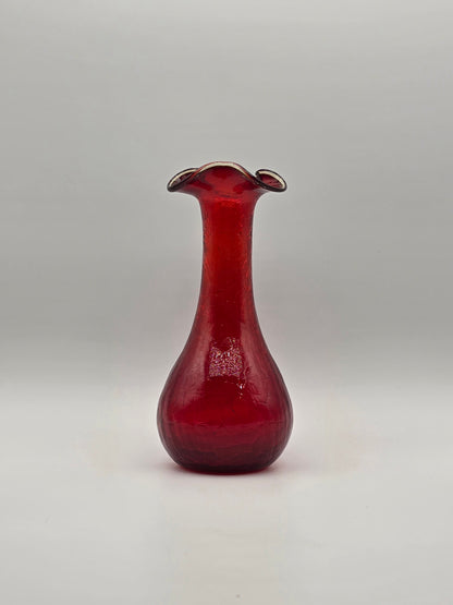 Vintage Ruby Red Rainbow Crackle Glass Vase 7.25” Ruffle Top