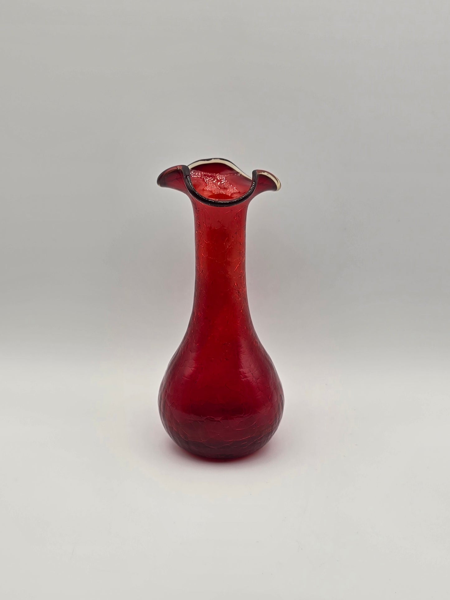 Vintage Ruby Red Rainbow Crackle Glass Vase 7.25” Ruffle Top
