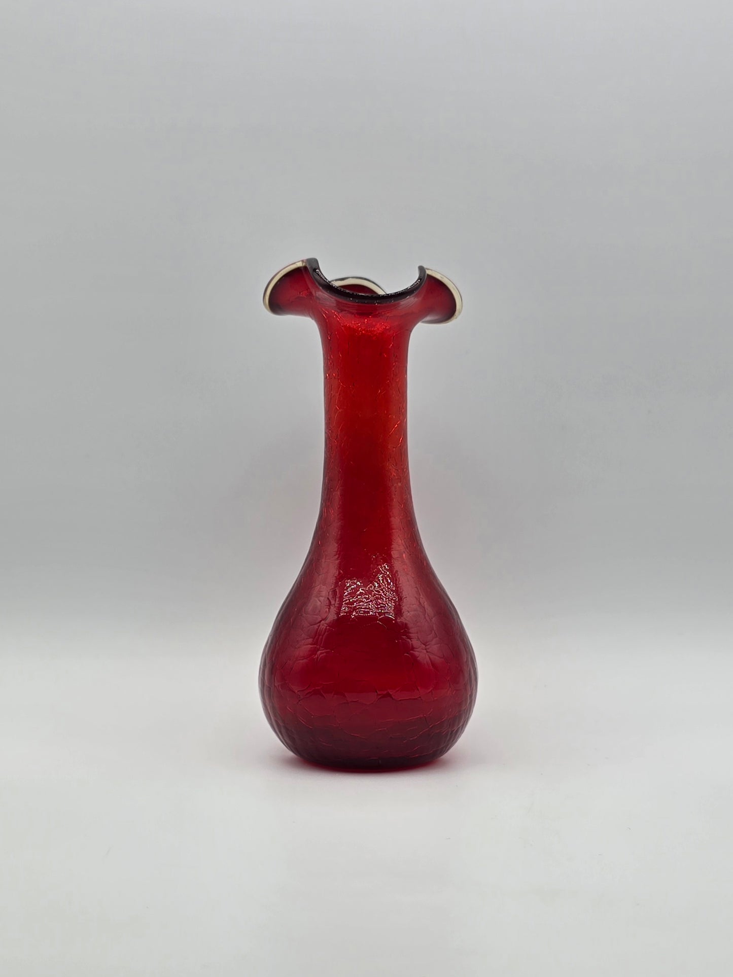 Vintage Ruby Red Rainbow Crackle Glass Vase 7.25” Ruffle Top