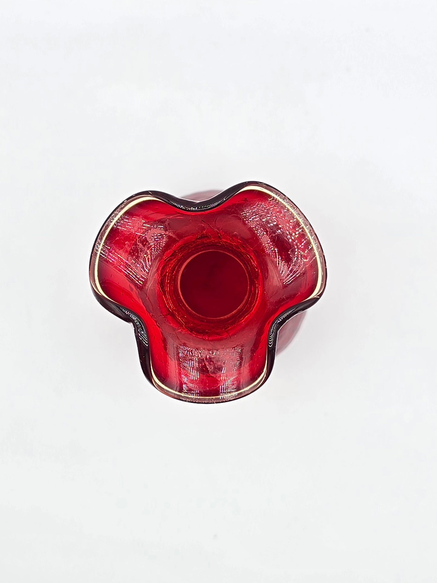 Vintage Ruby Red Rainbow Crackle Glass Vase 7.25” Ruffle Top