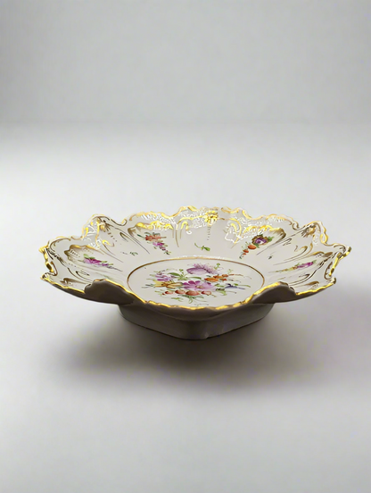Antique Marked Dresden Hand Painted Oval Plate, Gold Trim & Floral Bouquets