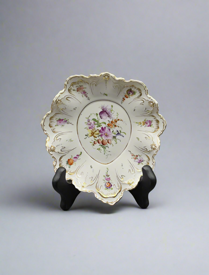 Antique Marked Dresden Hand Painted Oval Plate, Gold Trim & Floral Bouquets