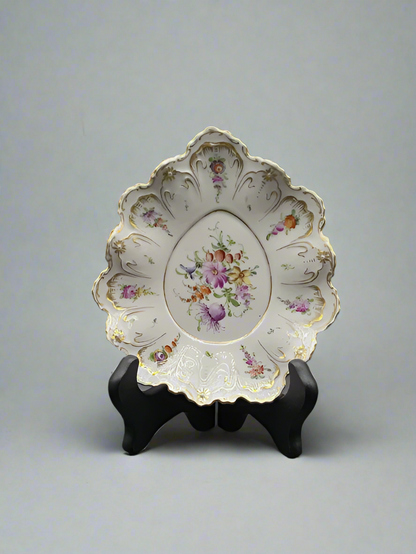 Antique Marked Dresden Hand Painted Oval Plate, Gold Trim & Floral Bouquets