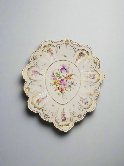 Antique Marked Dresden Hand Painted Oval Plate, Gold Trim & Floral Bouquets