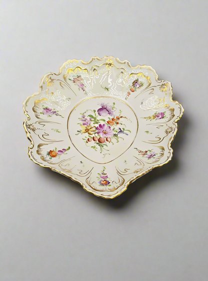 Antique Marked Dresden Hand Painted Oval Plate, Gold Trim & Floral Bouquets