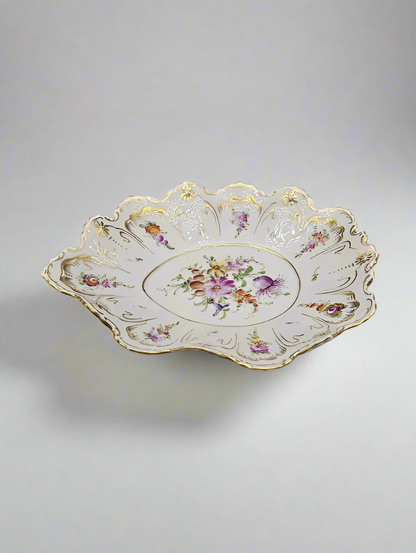 Antique Marked Dresden Hand Painted Oval Plate, Gold Trim & Floral Bouquets