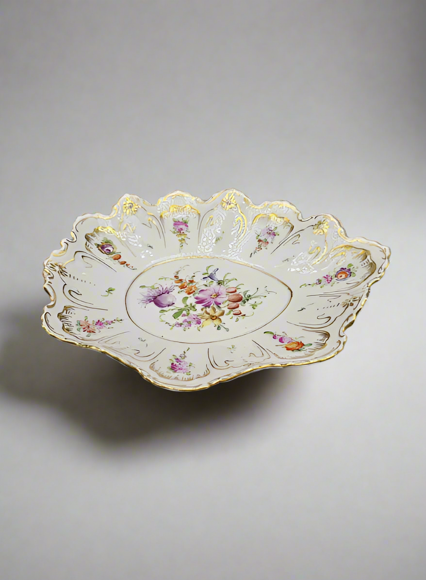 Antique Marked Dresden Hand Painted Oval Plate, Gold Trim & Floral Bouquets