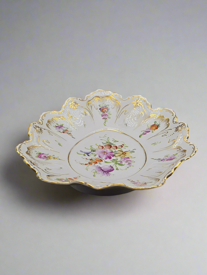 Antique Marked Dresden Hand Painted Oval Plate, Gold Trim & Floral Bouquets