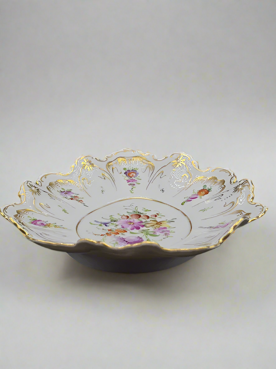 Antique Marked Dresden Hand Painted Oval Plate, Gold Trim & Floral Bouquets