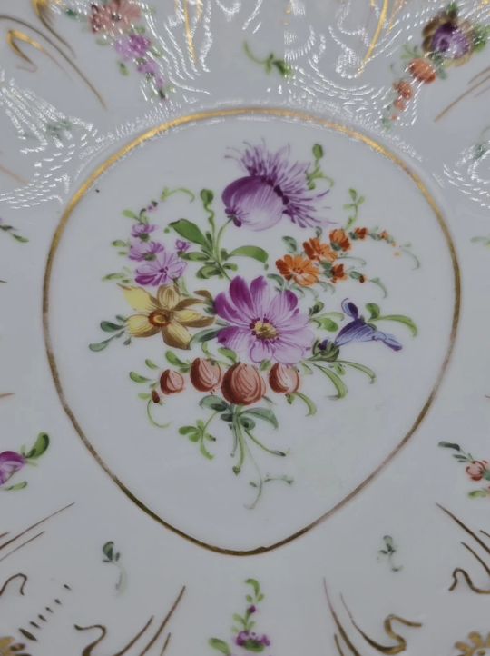 Antique Marked Dresden Hand Painted Oval Plate, Gold Trim & Floral Bouquets