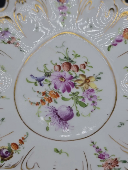 Antique Marked Dresden Hand Painted Oval Plate, Gold Trim & Floral Bouquets