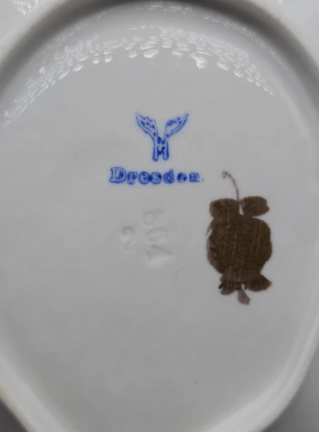 Antique Marked Dresden Hand Painted Oval Plate, Gold Trim & Floral Bouquets