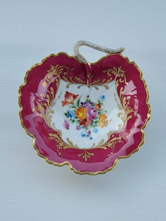 Vintage Le Tallec Limoges Hand Painted Porcelain Red Bowl with Flowers & Gold Trim