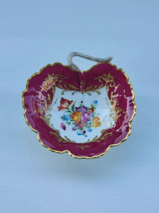 Vintage Le Tallec Limoges Hand Painted Porcelain Red Bowl with Flowers & Gold Trim