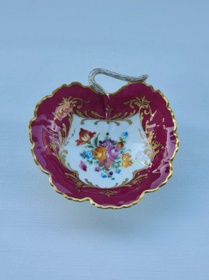 Vintage Le Tallec Limoges Hand Painted Porcelain Red Bowl with Flowers & Gold Trim