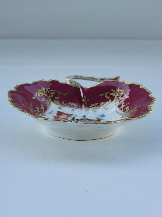 Vintage Le Tallec Limoges Hand Painted Porcelain Red Bowl with Flowers & Gold Trim
