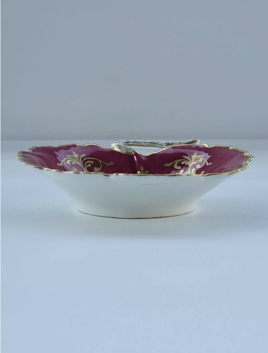 Vintage Le Tallec Limoges Hand Painted Porcelain Red Bowl with Flowers & Gold Trim