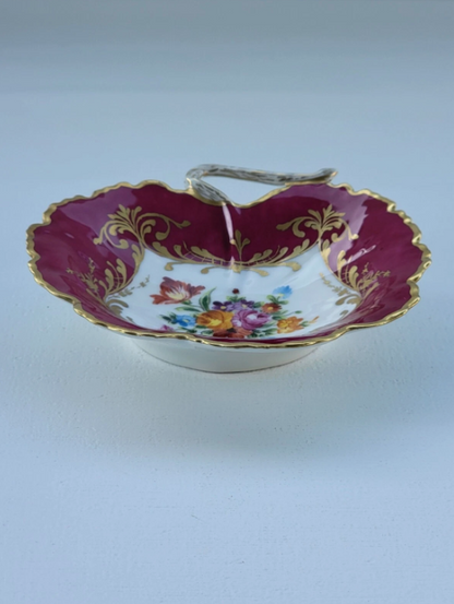 Vintage Le Tallec Limoges Hand Painted Porcelain Red Bowl with Flowers & Gold Trim