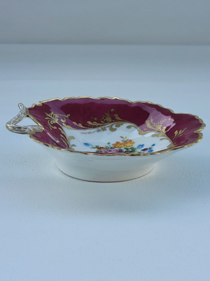 Vintage Le Tallec Limoges Hand Painted Porcelain Red Bowl with Flowers & Gold Trim