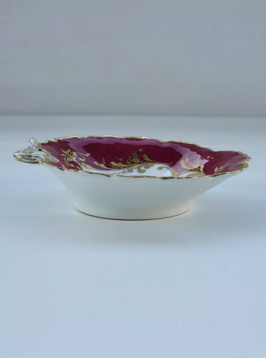 Vintage Le Tallec Limoges Hand Painted Porcelain Red Bowl with Flowers & Gold Trim