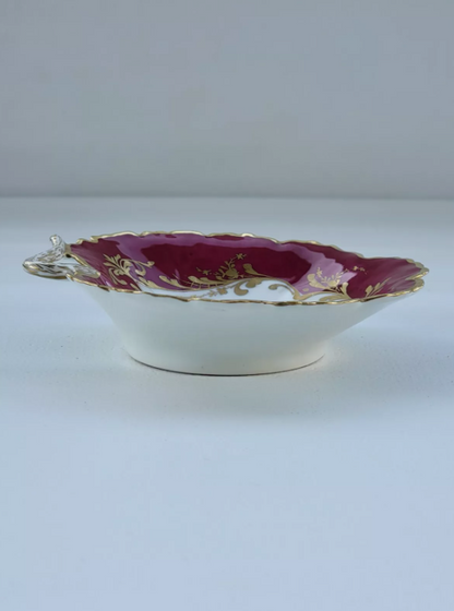 Vintage Le Tallec Limoges Hand Painted Porcelain Red Bowl with Flowers & Gold Trim