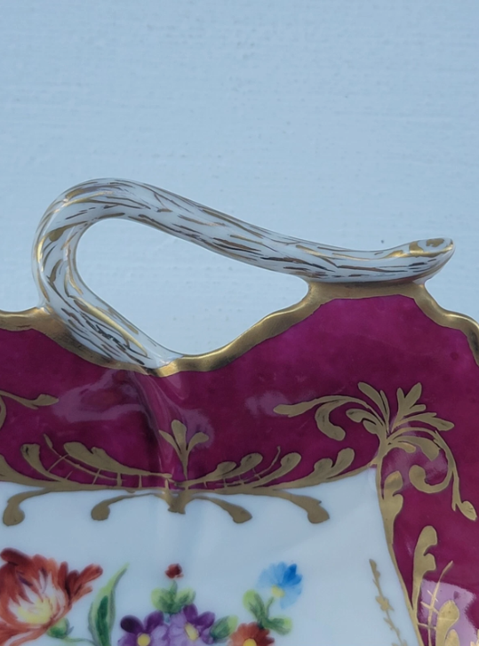 Vintage Le Tallec Limoges Hand Painted Porcelain Red Bowl with Flowers & Gold Trim