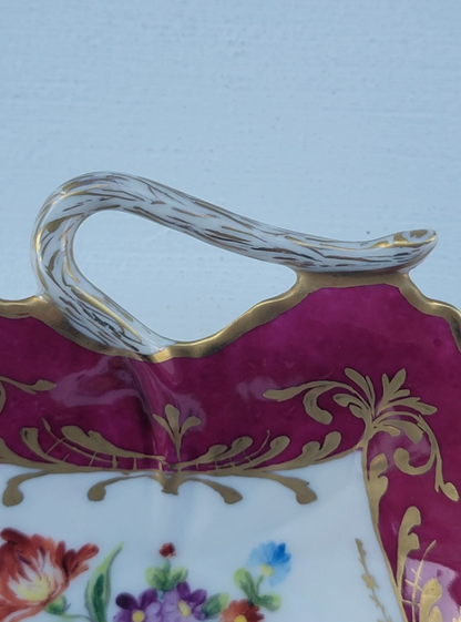 Vintage Le Tallec Limoges Hand Painted Porcelain Red Bowl with Flowers & Gold Trim