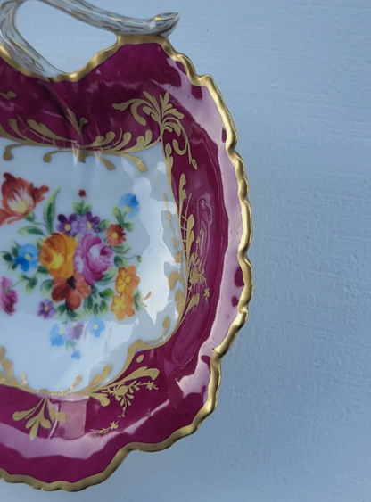Vintage Le Tallec Limoges Hand Painted Porcelain Red Bowl with Flowers & Gold Trim