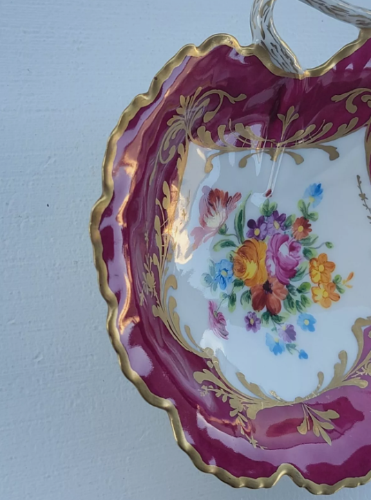 Vintage Le Tallec Limoges Hand Painted Porcelain Red Bowl with Flowers & Gold Trim