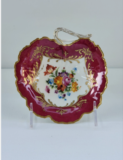 Vintage Le Tallec Limoges Hand Painted Porcelain Red Bowl with Flowers & Gold Trim