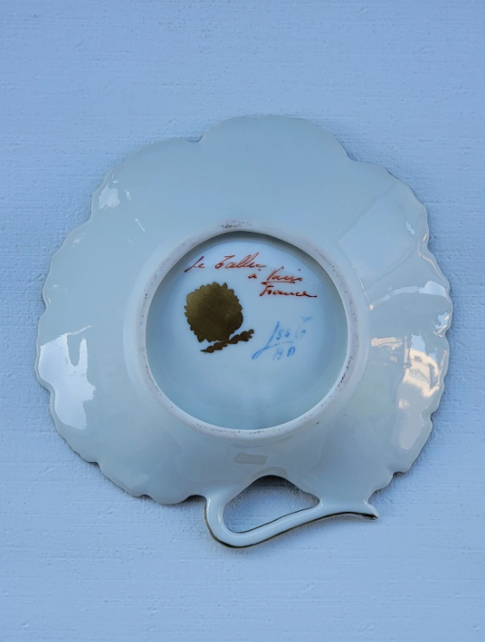 Vintage Le Tallec Limoges Hand Painted Porcelain Red Bowl with Flowers & Gold Trim