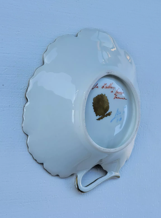 Vintage Le Tallec Limoges Hand Painted Porcelain Red Bowl with Flowers & Gold Trim