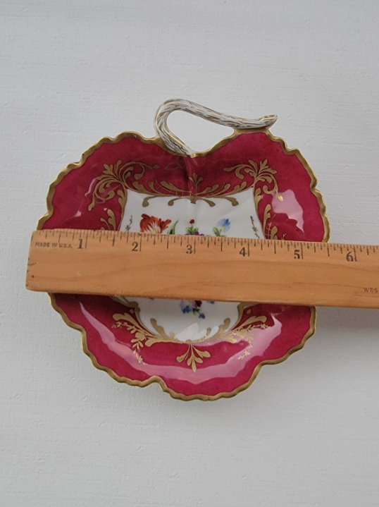 Vintage Le Tallec Limoges Hand Painted Porcelain Red Bowl with Flowers & Gold Trim