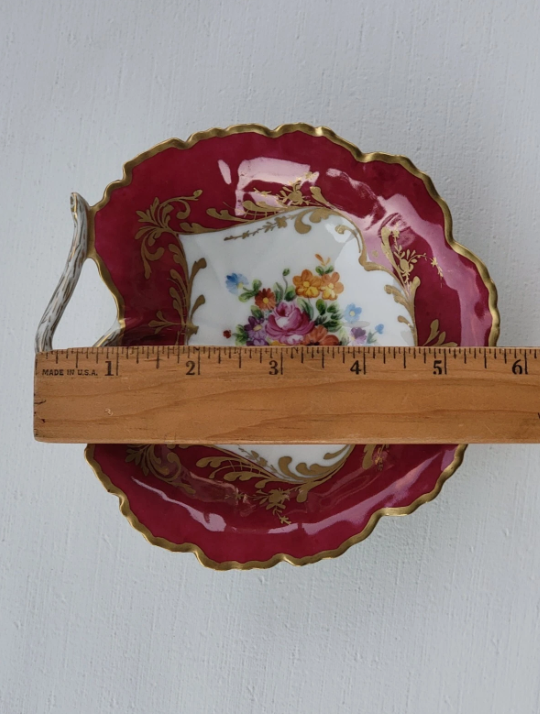 Vintage Le Tallec Limoges Hand Painted Porcelain Red Bowl with Flowers & Gold Trim